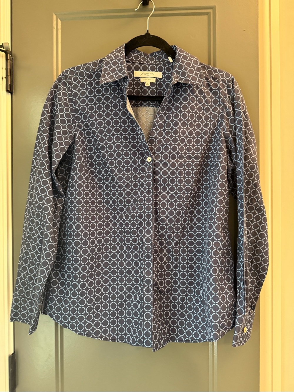 Foxcroft Navy Blue Geometric Button-Front Blouse 6